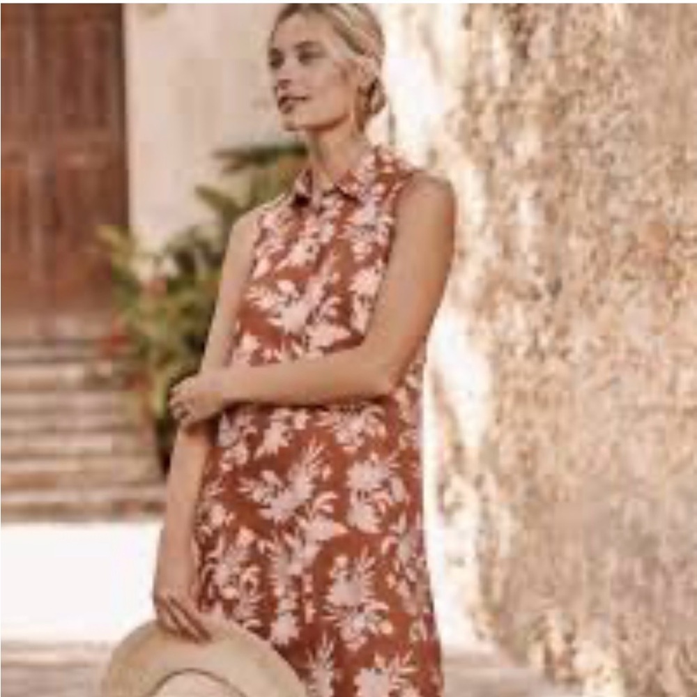 Garnet Hill Terracotta Linen Shirt dress with Cream Leaf Design. Vacation dress